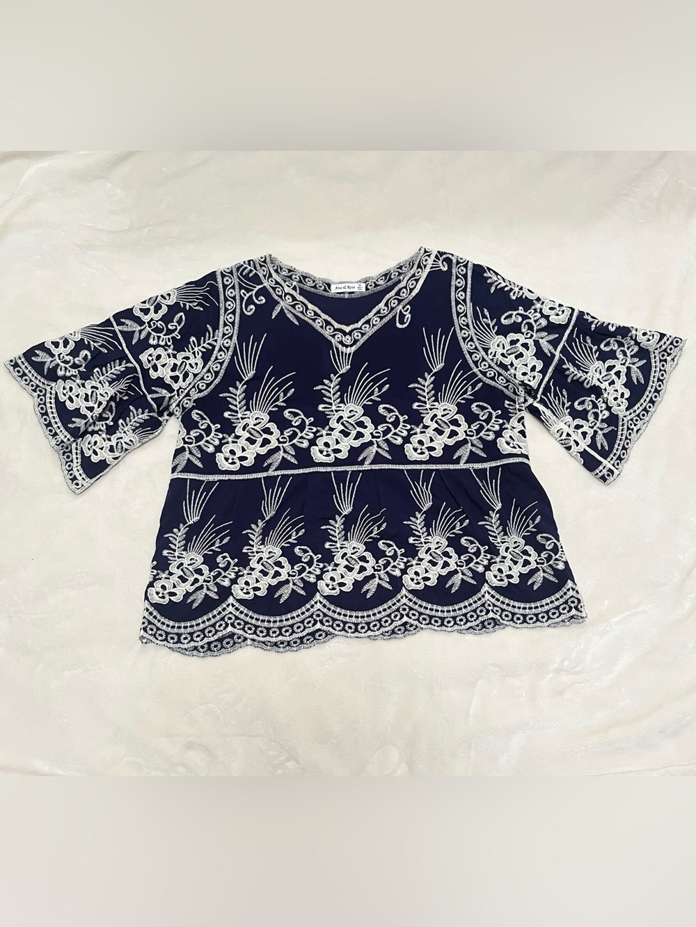 Embroidered Navy Peplum Tunic with White Floral Lace